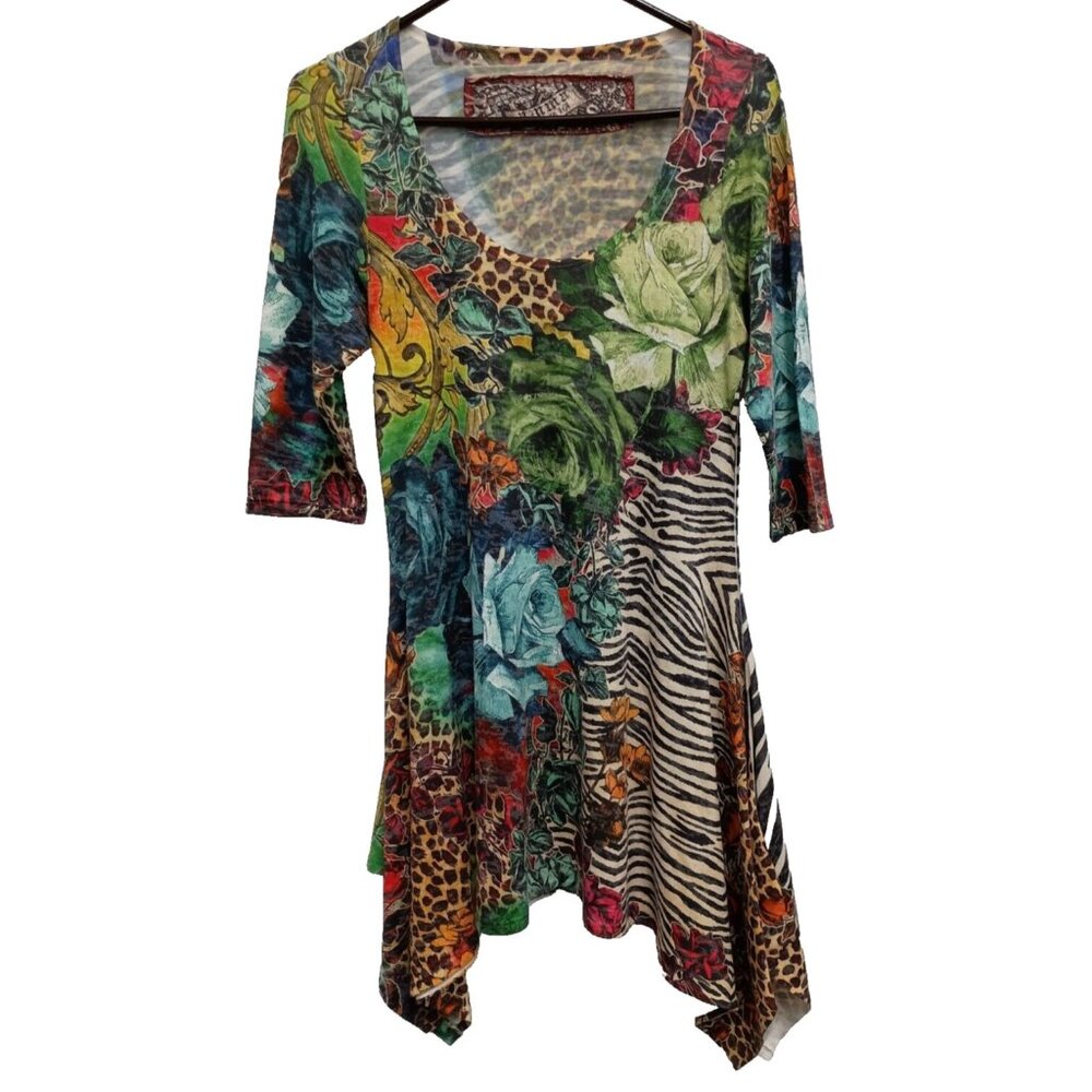Amma Wearable Art BOHO Tunic Top Small Abstract Floral Asymmetric 3/4 Sleeve